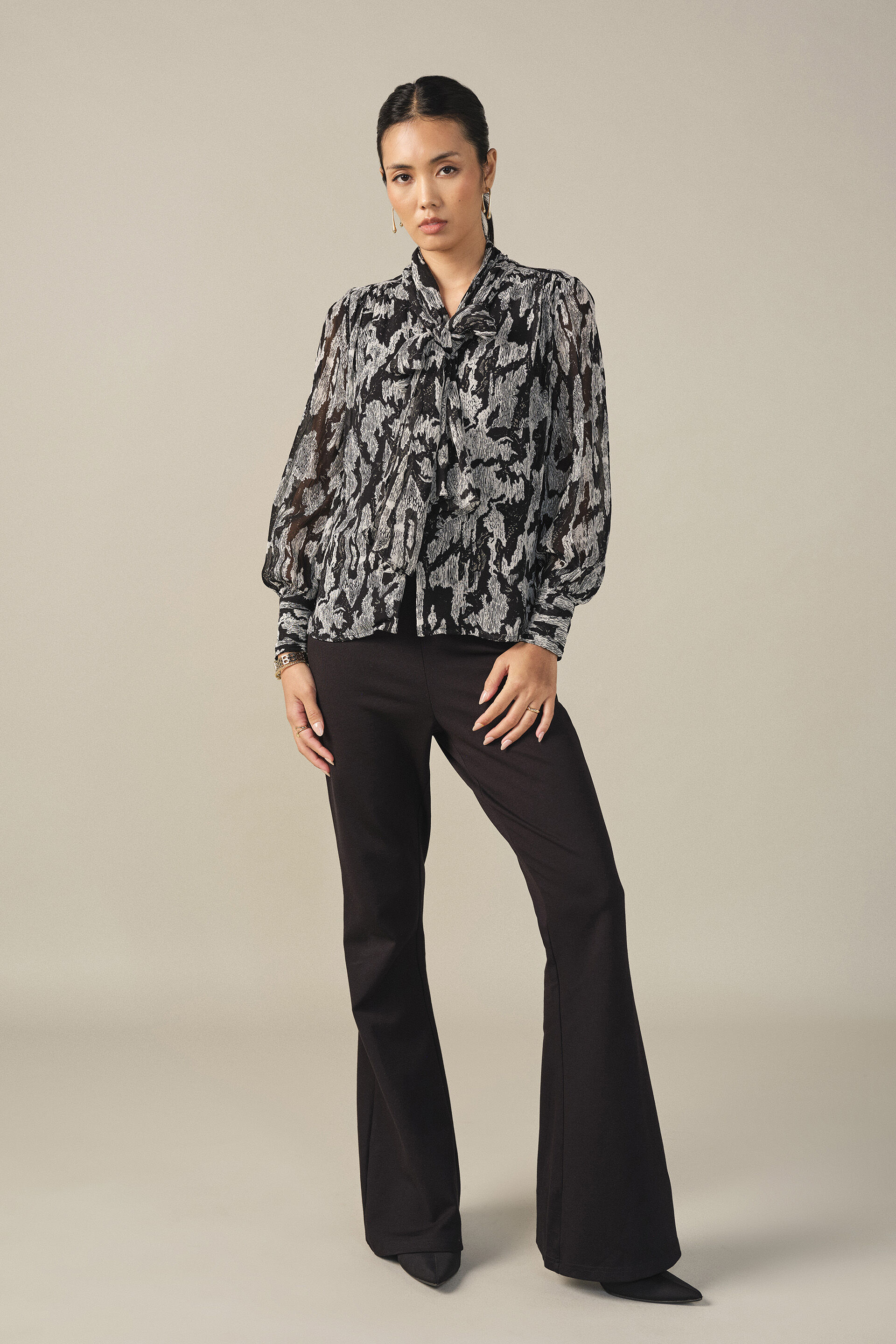Abstract Print Scarf Neck Top in Black, Black, image 4